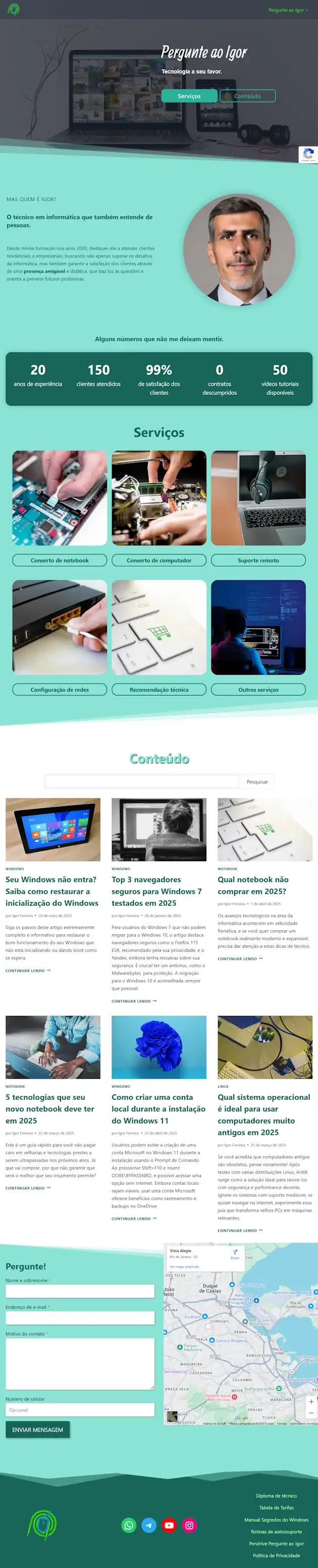 Screenshot do site com blog Pergunte ao Igor